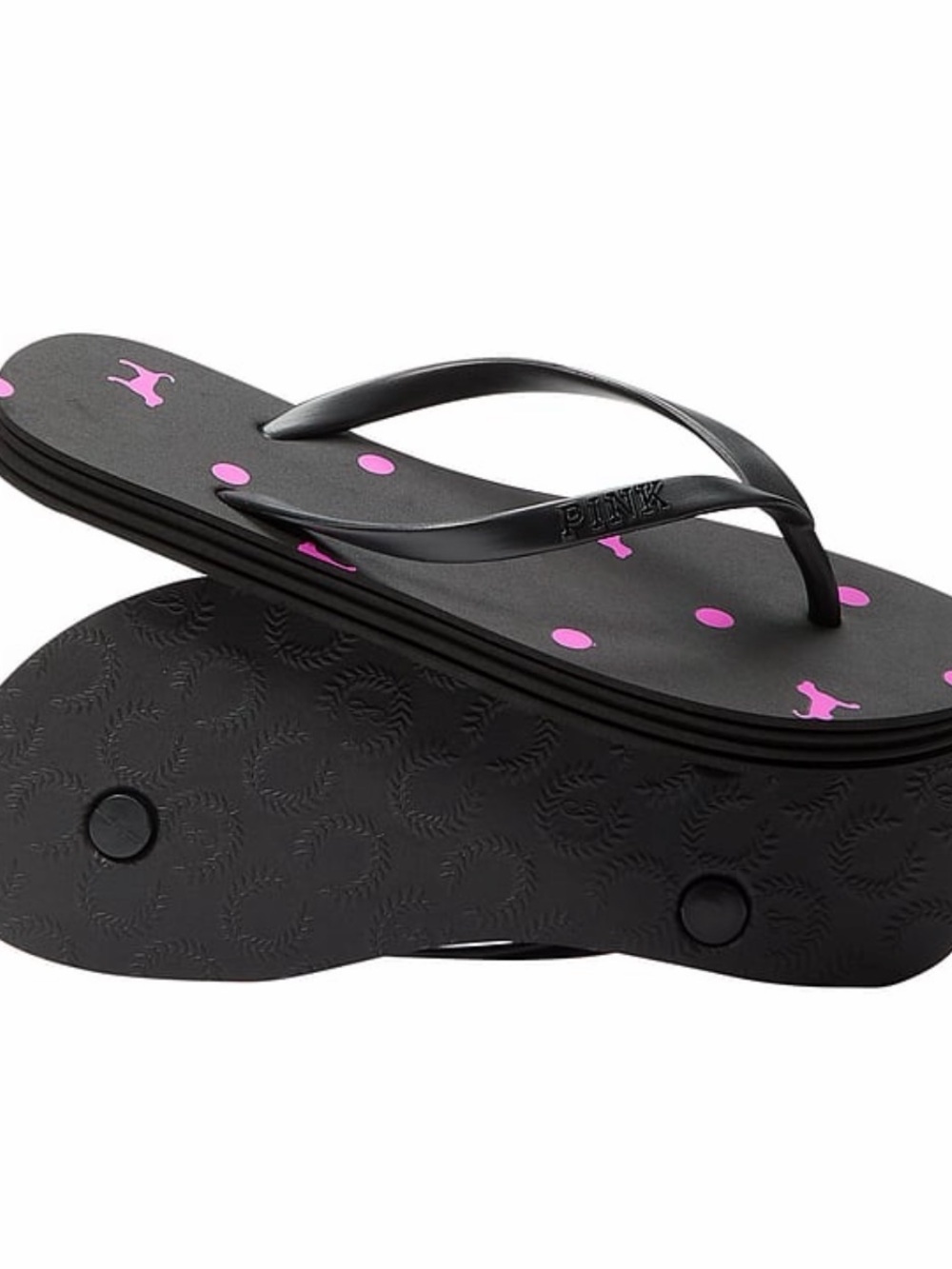 PINK Victoria's Secret Black Flip Flops with Pink Polka Dot Accents